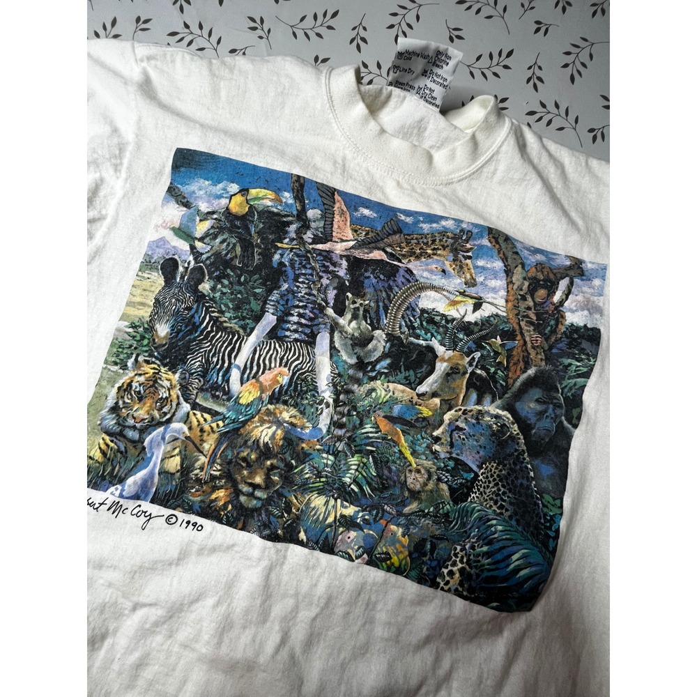 Vintage 1990 Robert McCoy Artwear Jungle Animals T-Shirt White Large Made in USA